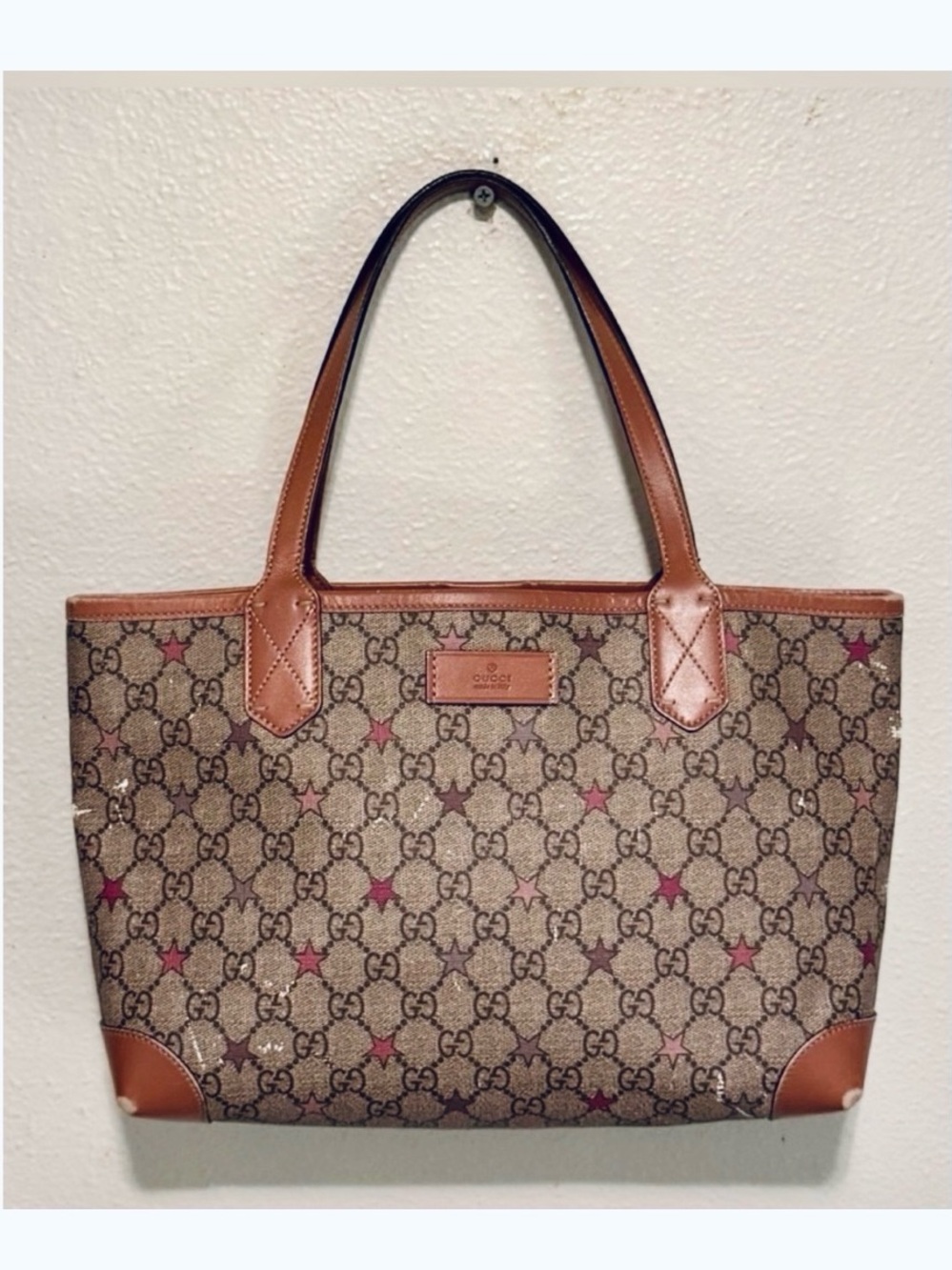 GUCCI Star GG Supreme Tote Bag Tan Beige Pink Stars Coated Canvas & Leather